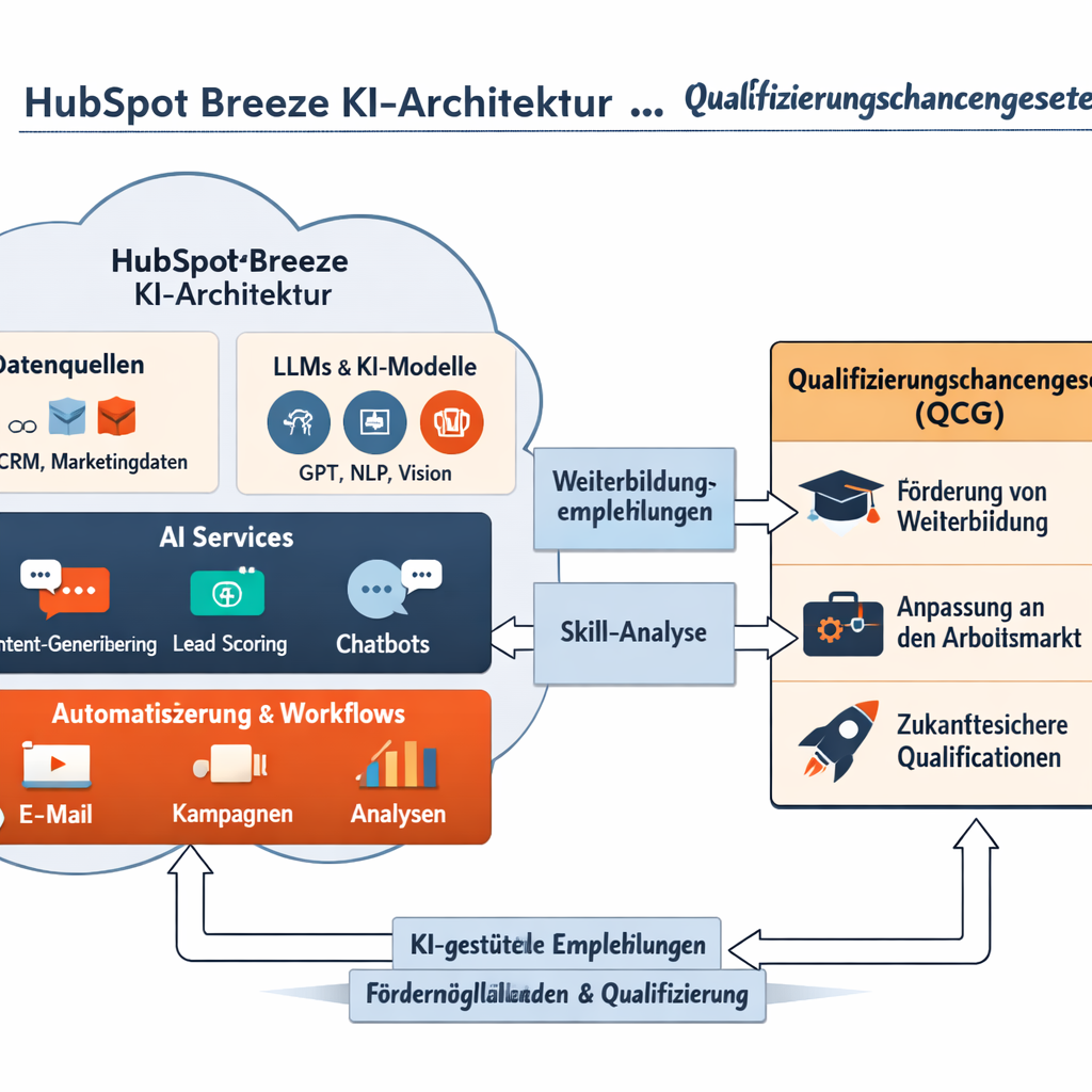 Schematische Darstellung der HubSpot Breeze KI-Architektur und der Verbindung zum Qualifizierungschancengesetz (QCG).