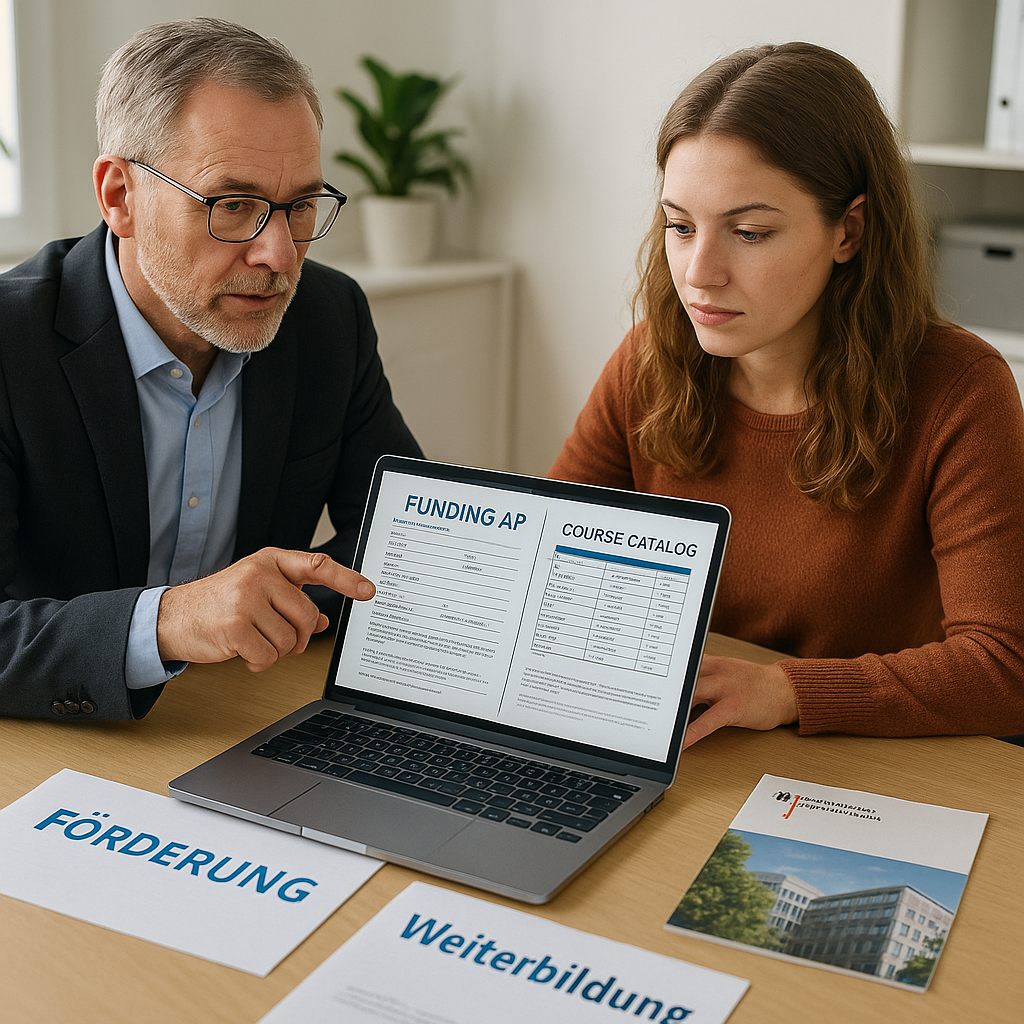 Manager und Mitarbeiter prüfen am Laptop einen Förderantrag und Kurskatalog, Dokumente mit Aufschrift 'Förderung' und 'Weiterbildung' liegen auf dem Tisch.