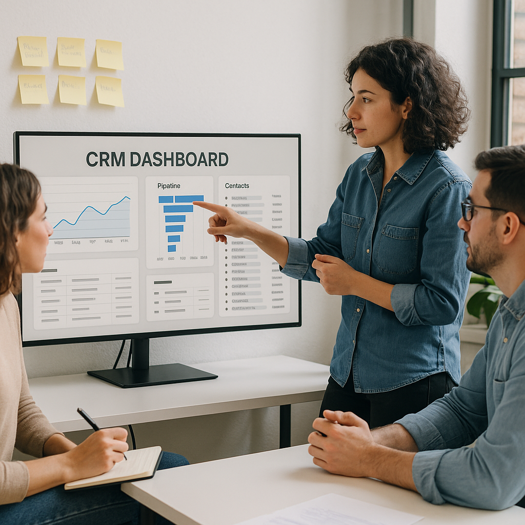 Kleines Team richtet ein CRM-Dashboard mit Pipelines und Kontakten an einem großen Monitor in einem modernen Büro ein.